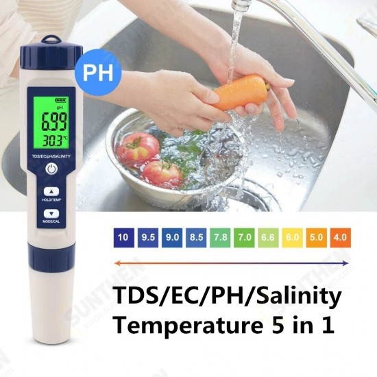 EZ-9909A 5 in 1 TDS/EC/PH/Salinity/Temperature Meter Digital Water Quality Monitor Tester for Pools, Drinking Water, Aquariums EZ-9909A 5 in 1 TDS/EC/PH/Salinity/Temperature Meter Digital Water Quality Monitor Tester for Pools, Drinking Water, Aquariums