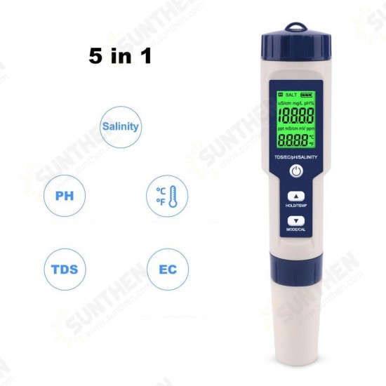 EZ-9909A 5 in 1 TDS/EC/PH/Salinity/Temperature Meter Digital Water Quality Monitor Tester for Pools, Drinking Water, Aquariums