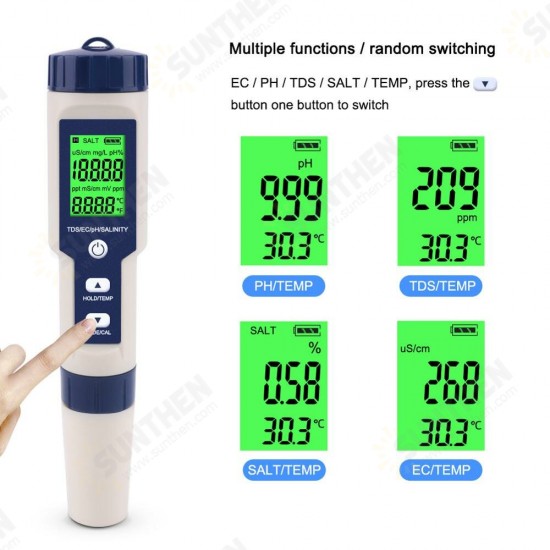 EZ-9909A 5 in 1 TDS/EC/PH/Salinity/Temperature Meter Digital Water Quality Monitor Tester for Pools, Drinking Water, Aquariums EZ-9909A 5 in 1 TDS/EC/PH/Salinity/Temperature Meter Digital Water Quality Monitor Tester for Pools, Drinking Water, Aquariums
