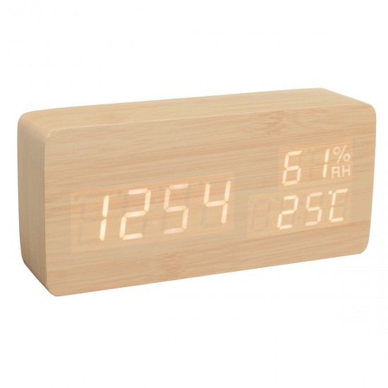 Modern Wooden Wood Digital Thermometer USB Charger LED Desk Alarm Wireless Clock