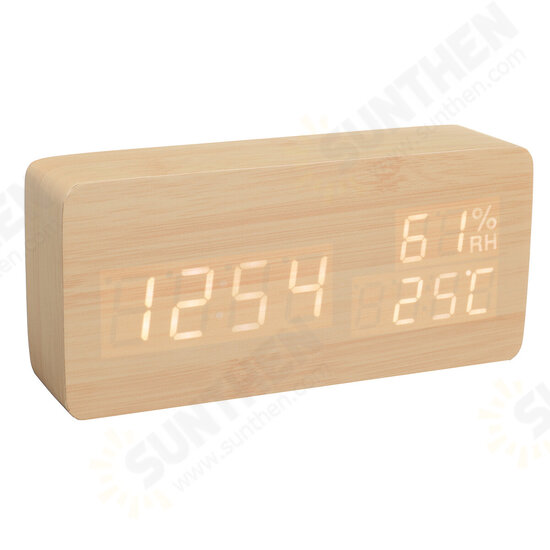 Modern Wooden Wood Digital Thermometer USB Charger LED Desk Alarm Wireless Clock