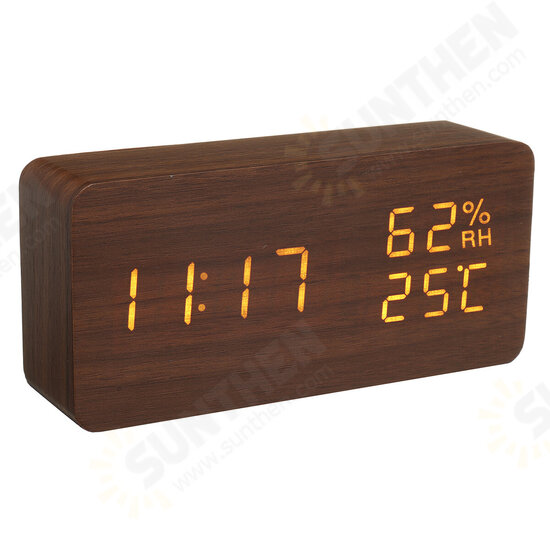 Modern Wooden Wood Digital Thermometer USB Charger LED Desk Alarm Wireless Clock