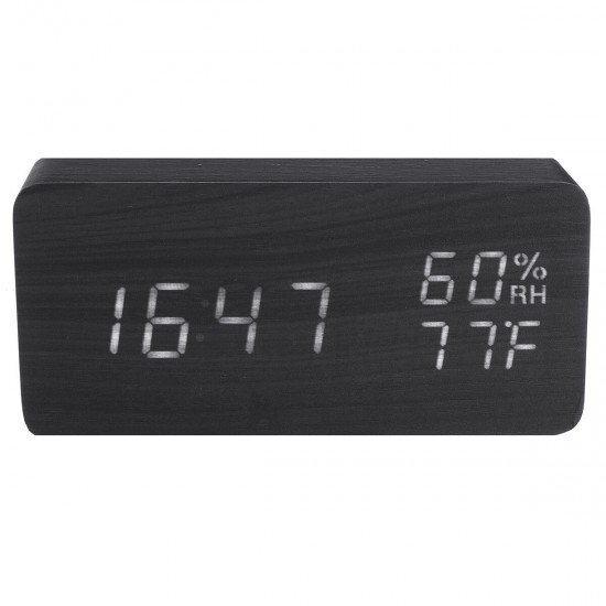 Modern Wooden Wood Digital Thermometer USB Charger LED Desk Alarm Wireless Clock