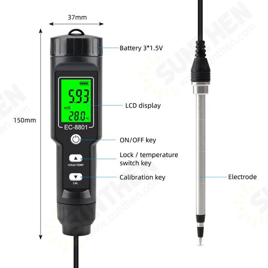 Portable LCD Display Digital EC/Temperature Soil check Meter with Backlight Display Waterproof Electrode check Planting