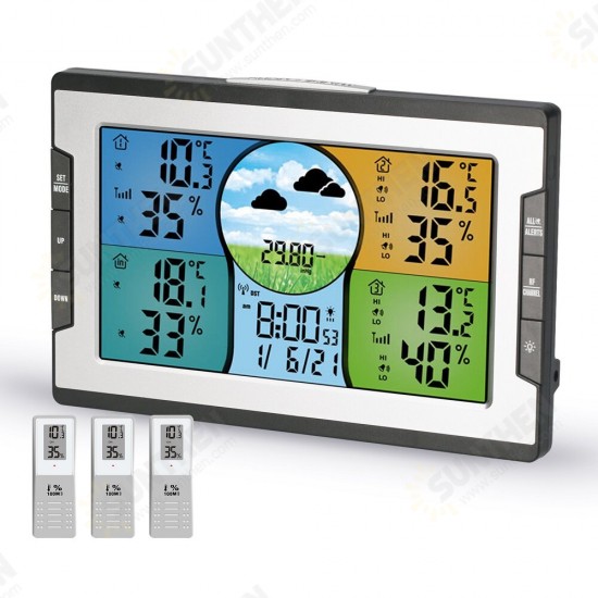 RF 3 Channels Wireless Weather Station Temperature and Humidity Digital Clock with Warning Alarm Meteorological Station Weather Forecast