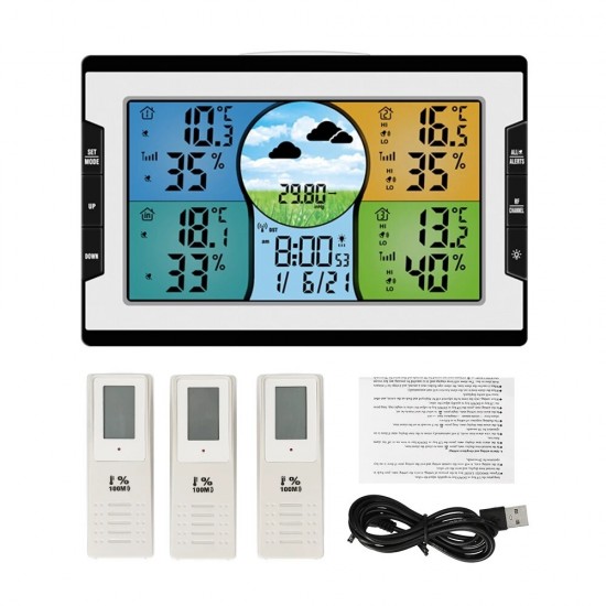 RF 3 Channels Wireless Weather Station Temperature and Humidity Digital Clock with Warning Alarm Meteorological Station Weather Forecast