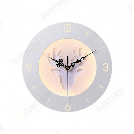 220V LED Nordic Deer Round Clock Night Light Wall Lamp Bedroom Living Room Decor 24CM