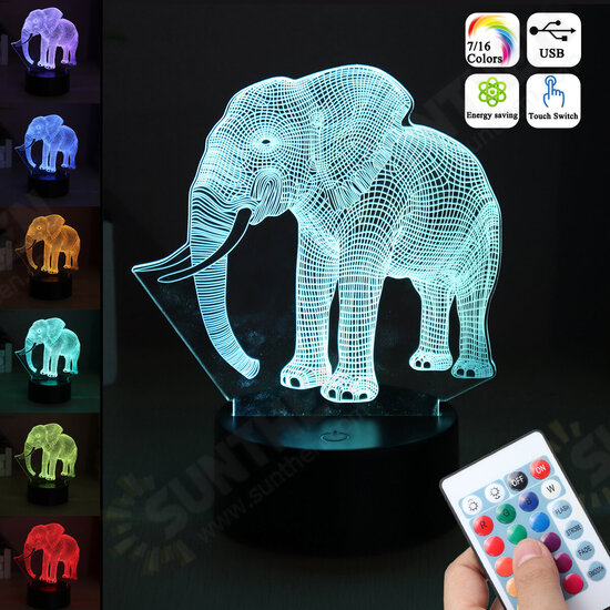 3D Acrylic LED 7/16 Colors Colorful Night Lights Elephant Model Remote Control Touch Switch Night Light