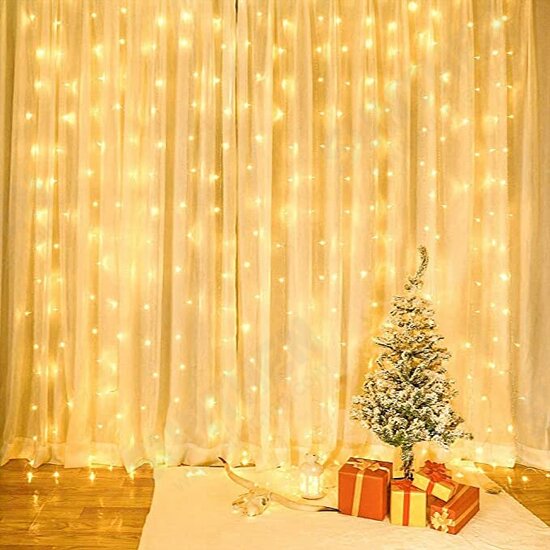 3X3M300 GYTF Curtain Lights with Sound Activated USB Powered LED Fairy Christmas Lights with Remote Sync-to-Music Setting 8 Mode Hanging Light for Bedroom Wedding Decorations