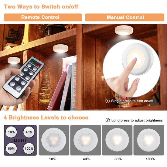 6Pcs Battery Remote Control Cabinet Light Wardrobe Light with Two Remote Controls 4000K Warm White Light