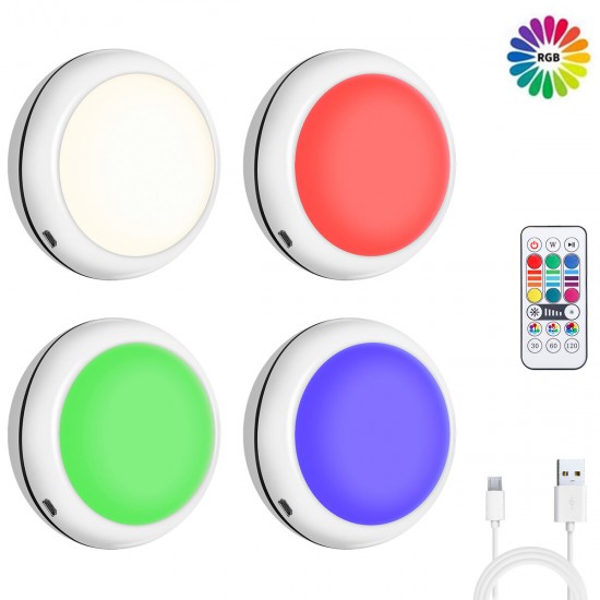 4Pcs RGB 16 Colors Round Cabinet Lights Remote Control 1000MAH USB Rechargeable