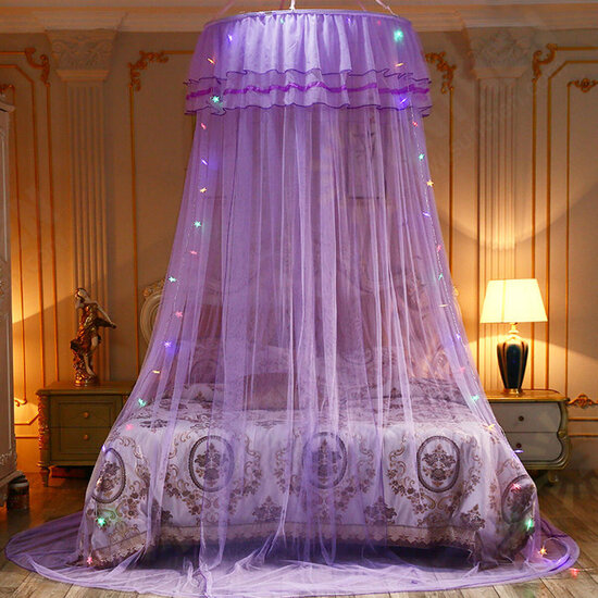 Mosquito Net Bedding Lace LED Light Princess Dome Mesh Bed Canopy Bedroom Decor