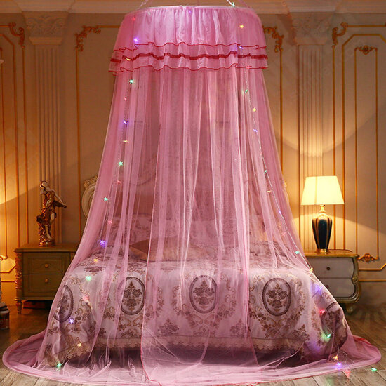 Mosquito Net Bedding Lace LED Light Princess Dome Mesh Bed Canopy Bedroom Decor