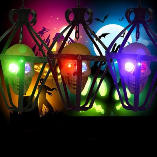 Portable Colorful Flashing LED Glowing Skull Night light Hanging Cage Halloween Party Decor