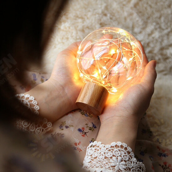 5V LED Warm White Fairy Star Globe Night Light Wood Retro USB Desk Table Decoration Lights