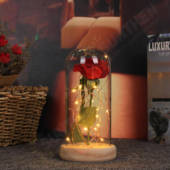 Red Rose Lights Decorations Beauty Enchanted Preserved Red Fresh Rose Glass Cover with LED Light