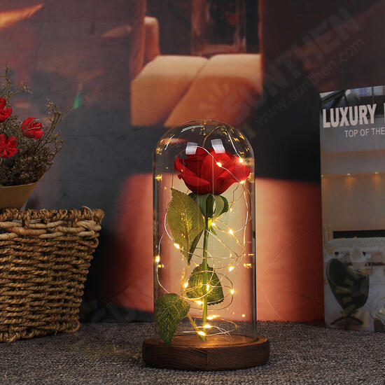 Red Rose Lights Decorations Beauty Enchanted Preserved Red Fresh Rose Glass Cover with LED Light