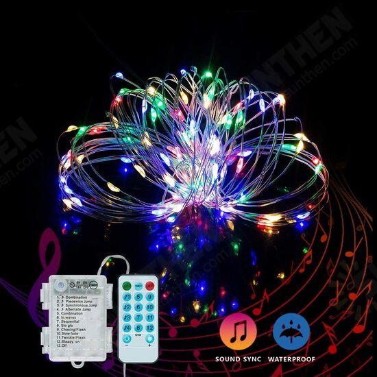 50/100LEDs 32.8ft Christmas Decorative LED String Lights Sound Activated Music 12 Modes Waterproof Silver Wire Multicolor USB Powered Fairy Lights with Remote Control