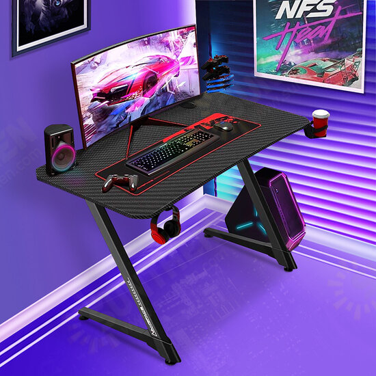 44 Inch Gaming Table Computer Desk Z-Shaped Design Laptop PC Study Writing Table Home Office Ergonomic Black with Large Mouse Pad Gamer Tables