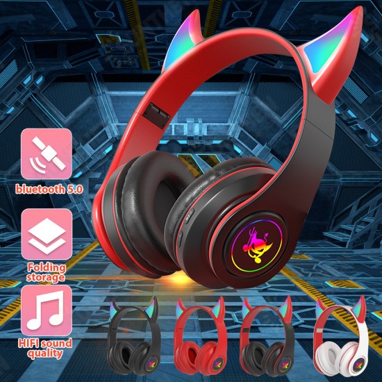 Cat Ear Wireless Gaming Headset bluetooth 5.0 Headphones LED Light Support TF Card Play