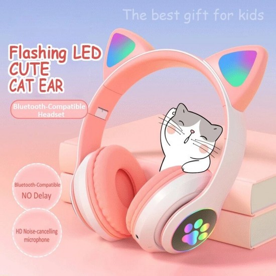 STN-28 Over-Ear Gaming bluetooth 5.0 Headset Glowing Cat Ear Headphones Foldable Wireless Earphone with Mic LED Lights for PC Phone