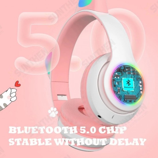 STN-28 Over-Ear Gaming bluetooth 5.0 Headset Glowing Cat Ear Headphones Foldable Wireless Earphone with Mic LED Lights for PC Phone