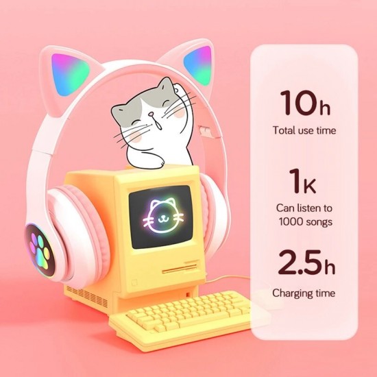 STN-28 Over-Ear Gaming bluetooth 5.0 Headset Glowing Cat Ear Headphones Foldable Wireless Earphone with Mic LED Lights for PC Phone