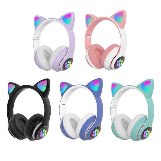 STN-28 Wireless bluetooth Headphones Cute Kids Headset HIFI Bass FM Radio TF Card AUX-In RGB Luminous Foldable Cute Cat Ear Headset with Mic