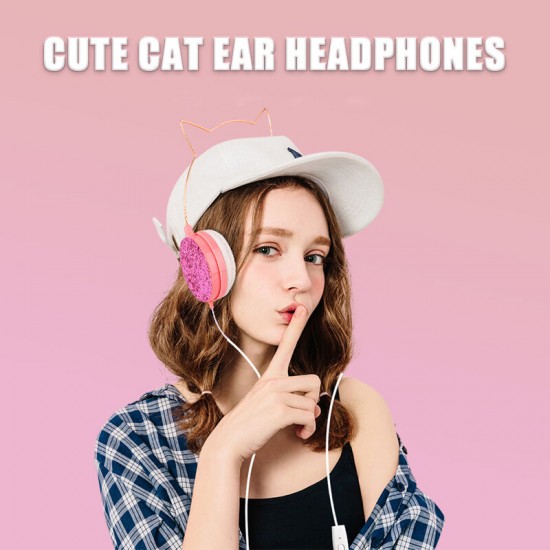 Wired Headphones Stereo Bass Noise Reduction 40MM Drivers Headset 3.5MM Metallic Cat Ear Kid Cute Music Earphone with Mic