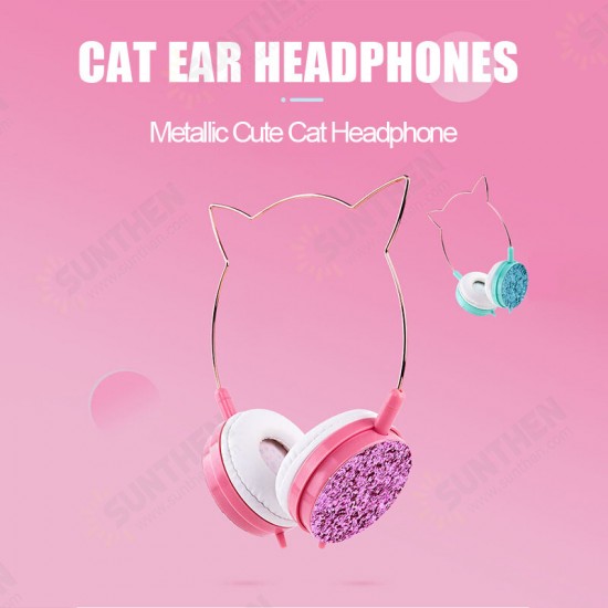 Wired Headphones Stereo Bass Noise Reduction 40MM Drivers Headset 3.5MM Metallic Cat Ear Kid Cute Music Earphone with Mic