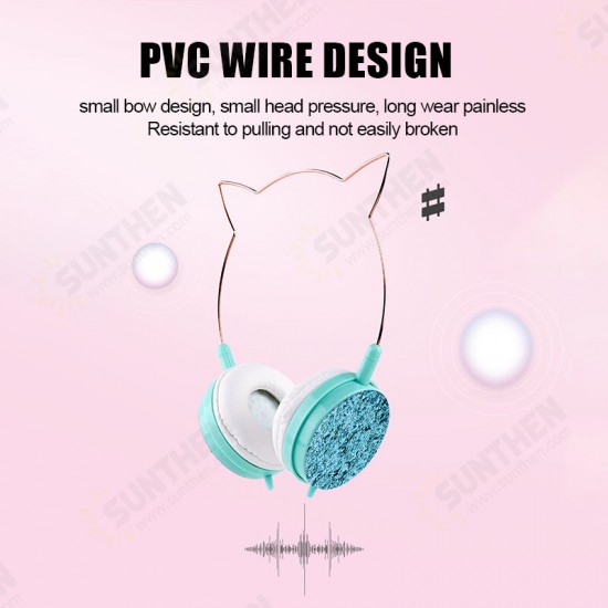 Wired Headphones Stereo Bass Noise Reduction 40MM Drivers Headset 3.5MM Metallic Cat Ear Kid Cute Music Earphone with Mic