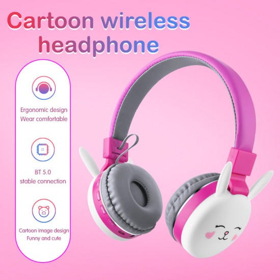 bluetooth V5.0 Headphones HD Stereo TF Card Wireless Foldable Headset Cartoon Animal Rabbit Cat Music Eeadphone with Mic