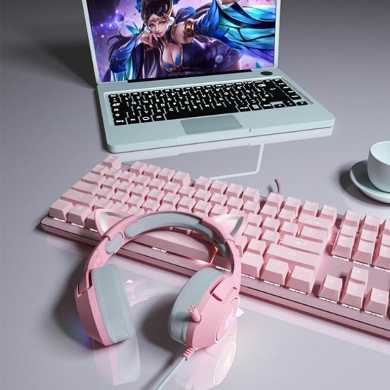 Wired Headphones Stereo Dynamic Drivers Noise Reduction Headset 3.5MM RGB Luminous Pink Cat Ear Adjustable Over-Ear Gaming Headphones