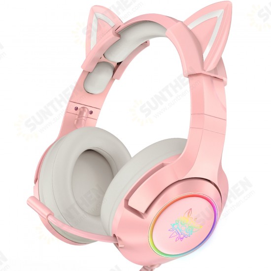 Wired Headphones Stereo Dynamic Drivers Noise Reduction Headset 3.5MM RGB Luminous Pink Cat Ear Adjustable Over-Ear Gaming Headphones