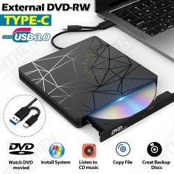 Portable USB3.0 Type-C Optical Drives Black Tray Type External DVD-RW Max.24X High-speed Data Transmission for Win XP Win 7 Win 8 Win 10 Mac Portable USB3.0 Type-C Optical Drives Black Tray Type External DVD-RW Max.24X High-speed Data Transmission for Win XP Win 7 Win 8 Win 10 Mac