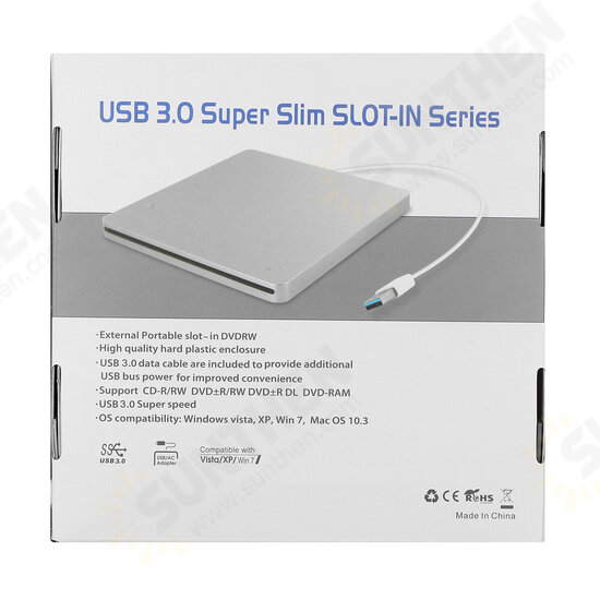 Portable USB 3.0 Silver External DVD-RW Max.24X High-speed Data Transmission for Win XP Win 7 Win 8 Win 10 for Mac