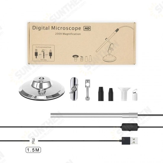 3 In 1 Digital Microscope 1080P USB Borescope Camera IP67 1.0MP 200X Magnification 8 Leds Stand Magnifier Windows Android