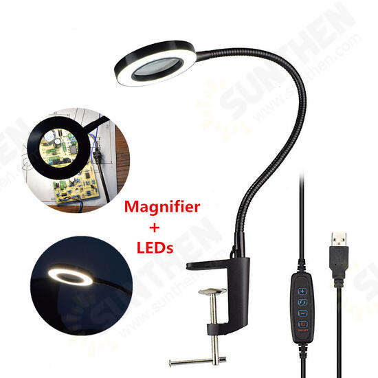 USB Magnifying Glass 3X Bench Vise Table Clamp Magnifier 42 SMD LED Lights Flexible Desk Lamp