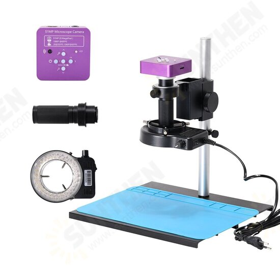 51MP Industrial Digital Video Microscope Camera + 130X C- Mount Lens 56 LED Ring Light + Stand for PCB Repair