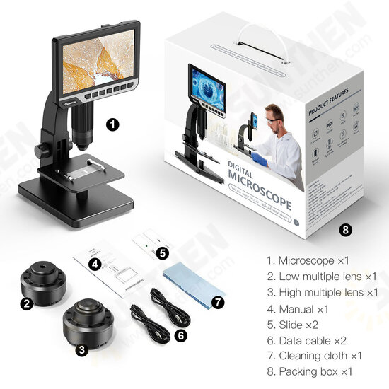 MT315 2000X Dual Lens Digital Microscope 7-inch HD IPS Large Screen Multiple Lens for Circuit/Cells Observation Up&Down Light Source Computer Viewing