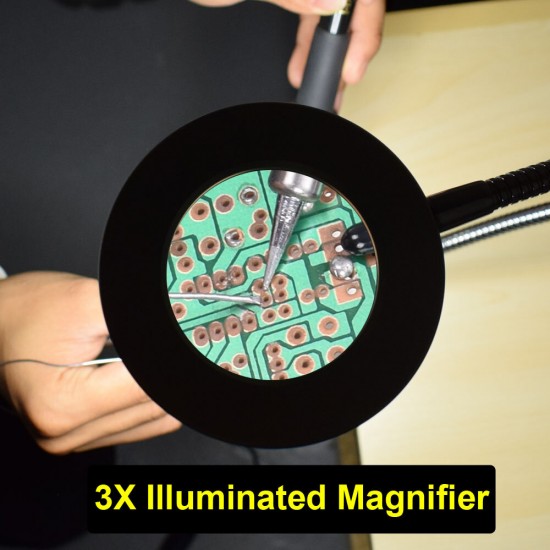 3X LED Magnifier Soldering Work Station Soldering Third Hand 5Pcs Flexible Metal Arms Welding Tool