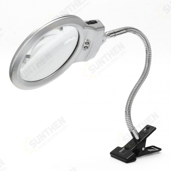 New 2.5 x 90MM 5 x 22MM 2 LED Lighted Table Top Desk Magnifier Magnifying Glass with Clamp