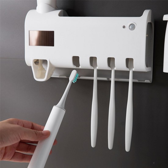 3 in 1 UV Light Toothbrush Sterilizer Holder Cleaner Automatic Toothpaste Dispenser with 2 Cups