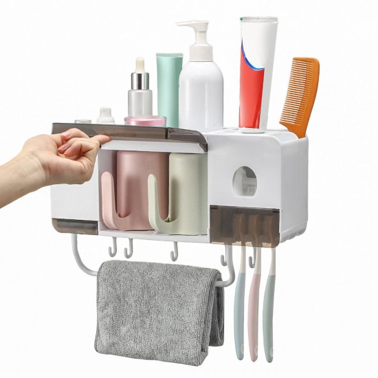 Automatic Toothpaste Dispenser Toothbrush Holder Wall Mounted Storage Stand + 2/3/4 Cups