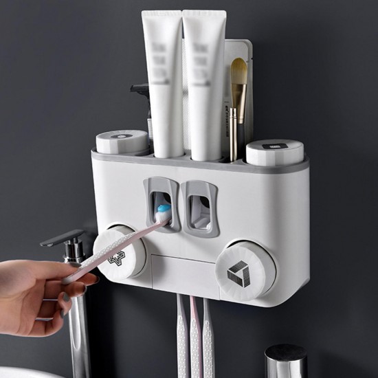 Toothbrush Holder No Drill Wall Mount Storage Shelf Rack Bathroom Toothpaste Dispenser