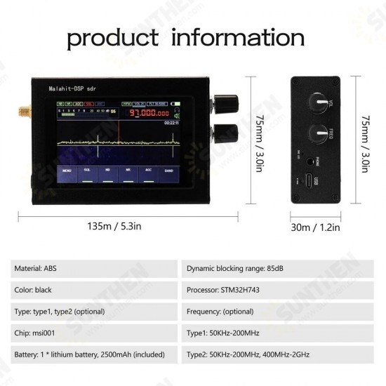 400MHz-2GHz Malachite SDR Radio DSP SDR Receiver 3.5inch Touch Screen AM/SSB/NFM/WFM Analog Modulated