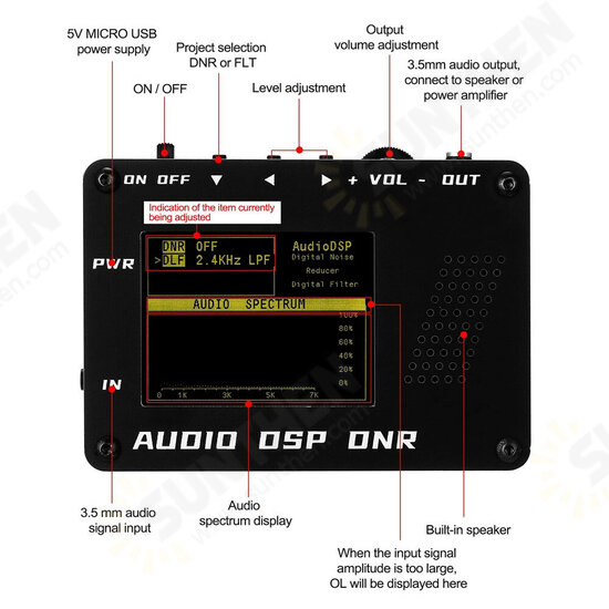 Audio DSP Noise Reducer DNR Digital Filter SSB CW Ham Radio ICO M FT-817 857 897 KX3 FT-818 + Speaker + LED Audio Spectrum