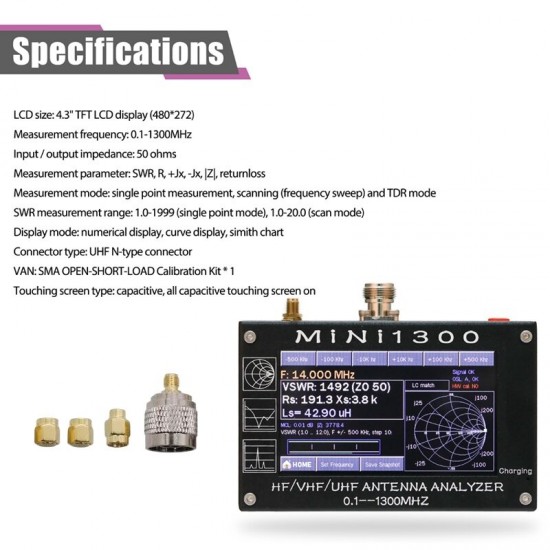 Original MINI1300 Antenna Analyzer with TF Card 4.3 Inch TFT LCD Press 0.1-1300MHz Frequency HF VHF UHF SWR Tester