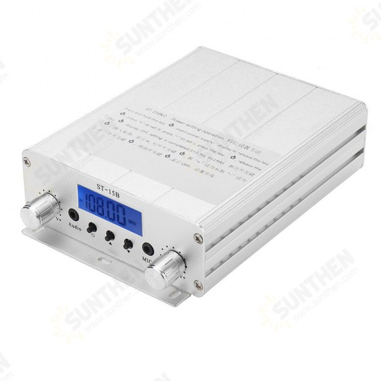 ST-15B 1.5W/15W FM Broadcast Transmitter Stereo PLL FM Radio Broadcast Station with 87MHz-108MHz