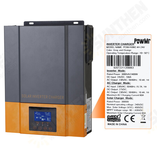 3KVA/2400W Hybr1d Solar Inversor 24V Battery Charger Built-in MPPT 80A Solar Charger 230VAC Output PV Max 450VDC Inverter POW-HVM2.4H-24V